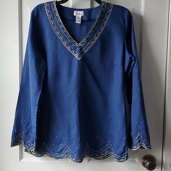 LILLY PULITZER NAVY BLUE GOLD BEADED LINEN TUNIC SIZE MEDIUM - Picture 1 of 10